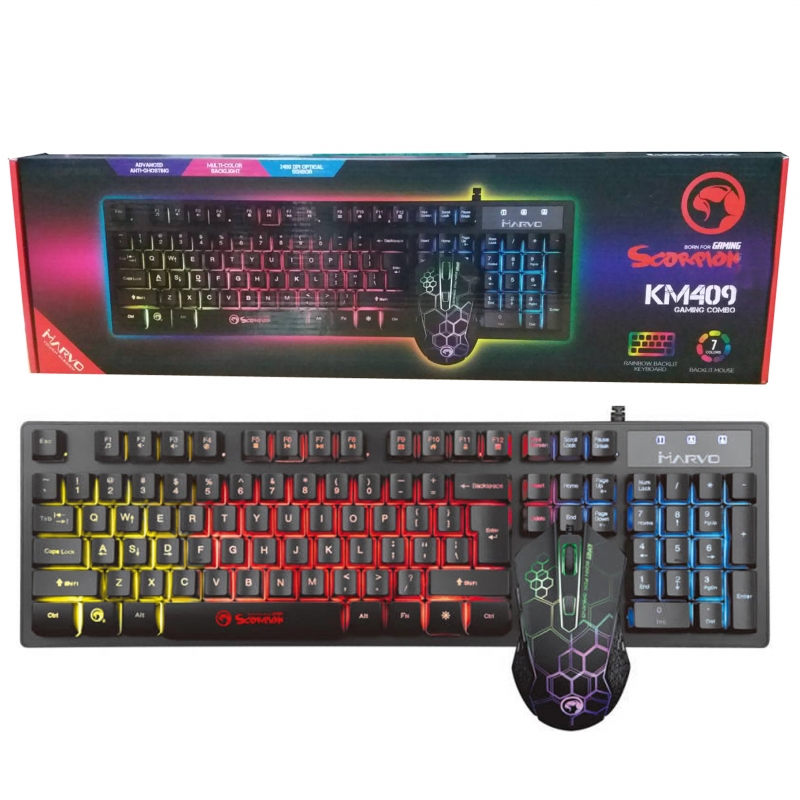 Marvo KM409 ชุดมีไฟ คีบอดไฟทะลุตัวหนังสือ Scorpion Gaming และเมาส์6ปุ่มมีไฟ7สี USB Keyboard Combo Set