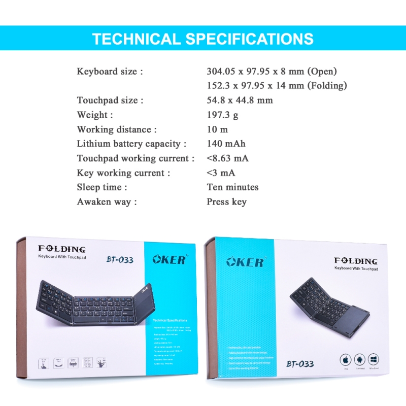 OKER Keyboard Bluetoothพับได้ / มีTouch Pad ในตัว ใช้แทนเมาส์ รุ่น BT-033 (สีดำ)