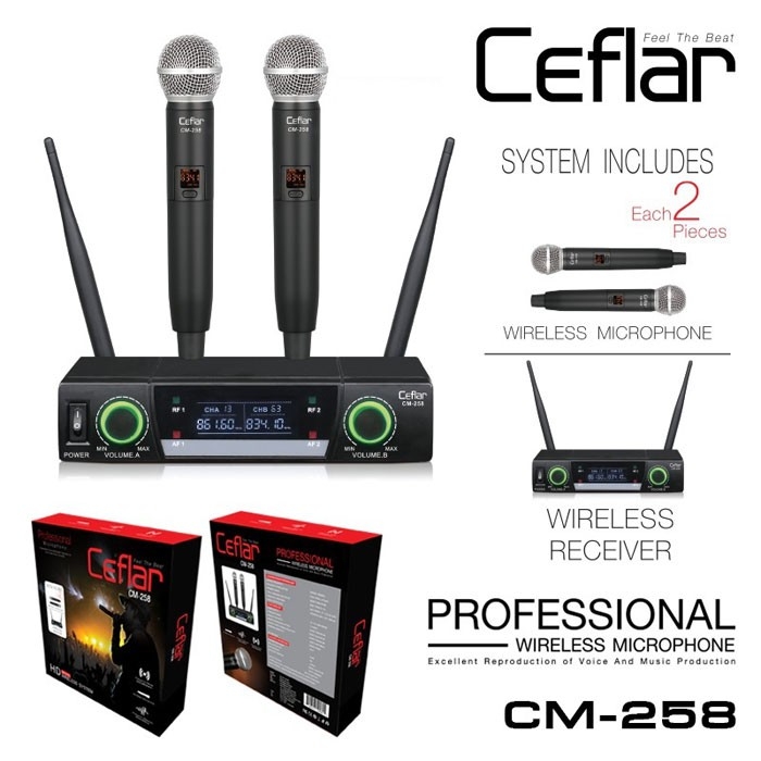 Ceflar CM-258 ไมโครโฟนไร้สาย Wireless Microphone ไมค์ลอยไร้สาย ไมค์ 2 ตัว พร้อมตัวรับสัญาณ คุณภาพเสียงจัดเต็ม