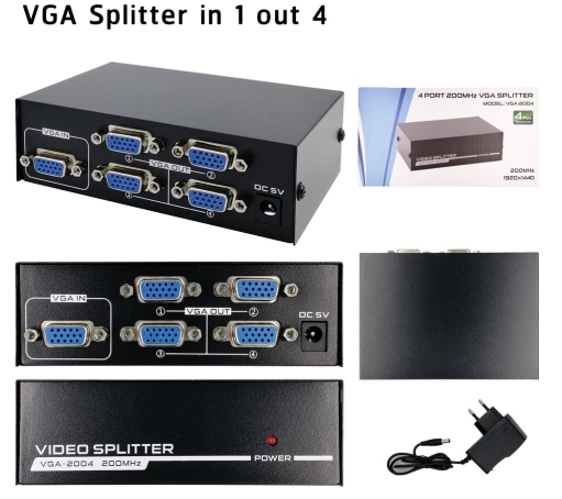 กล่องแยกจอ VGA Splitter 1x4 1 to 4 พอร์ต vga video 200 mhz รองรับ 1920x1440 สําหรับ vga adpater