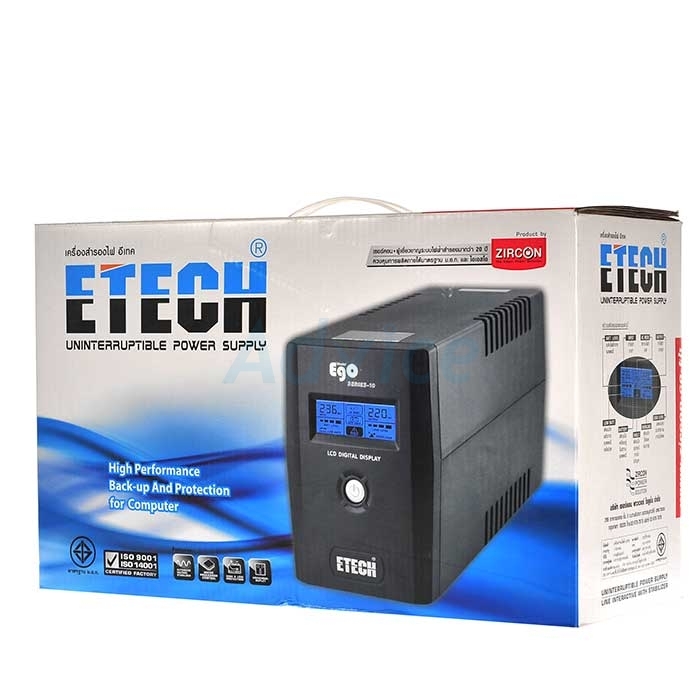 ETECH ego By Zircon UPS 1000VA เครื่องสำรองไฟ มีจอ LCD แสดงผลทาง ไฟฟ้า 9 สถานะแบตเก็บ เครื่องพร้อมใช้งาน