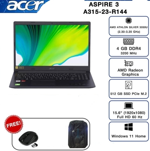 Notebook Acer Aspire A315-23-R144/T011จอ15.6'ระดับ FHDAMD Athlon 3050U Windows 11 Home(Charcoal Black)ฟรี กระเป๋า+Mouse