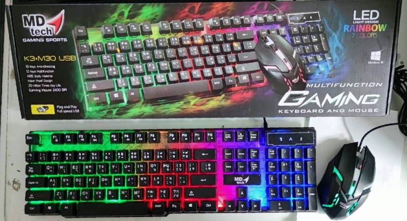 MD tech K3+M30 USB Keyboard+Mouse Combo Set คีย์บอร์ด+เมาส์มีไฟ Rainbow 7 Color เกมส์มิ่ง กันน้ำได้ แป้นพิมพ์ทรงสูงแบบแมคคานิคอล
