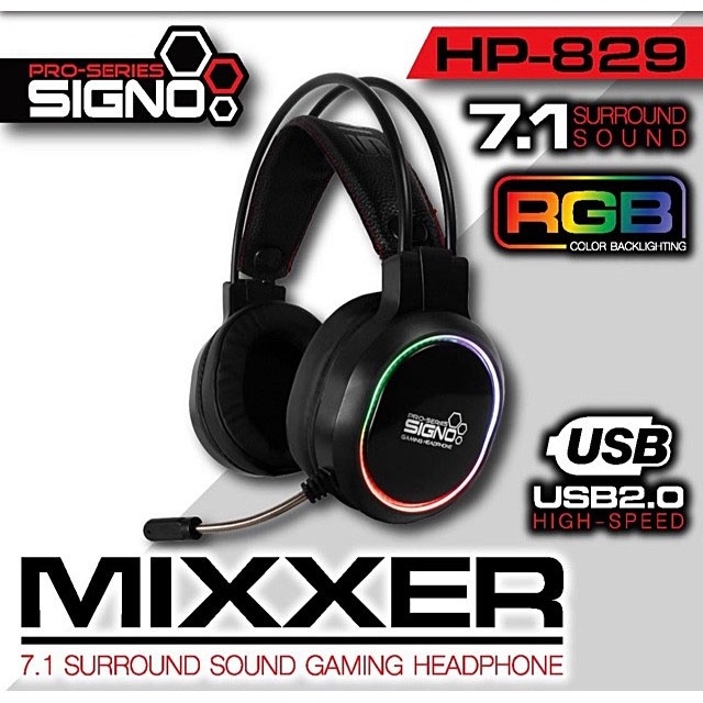 SIGNO HP-829 หูฟังเกมมิ่ง USB 7.1 RGB Gaming Headphone MIXXER BUILT-IN RGB LIGHT DESIGN Black ประกันศูนย์ 1ปี