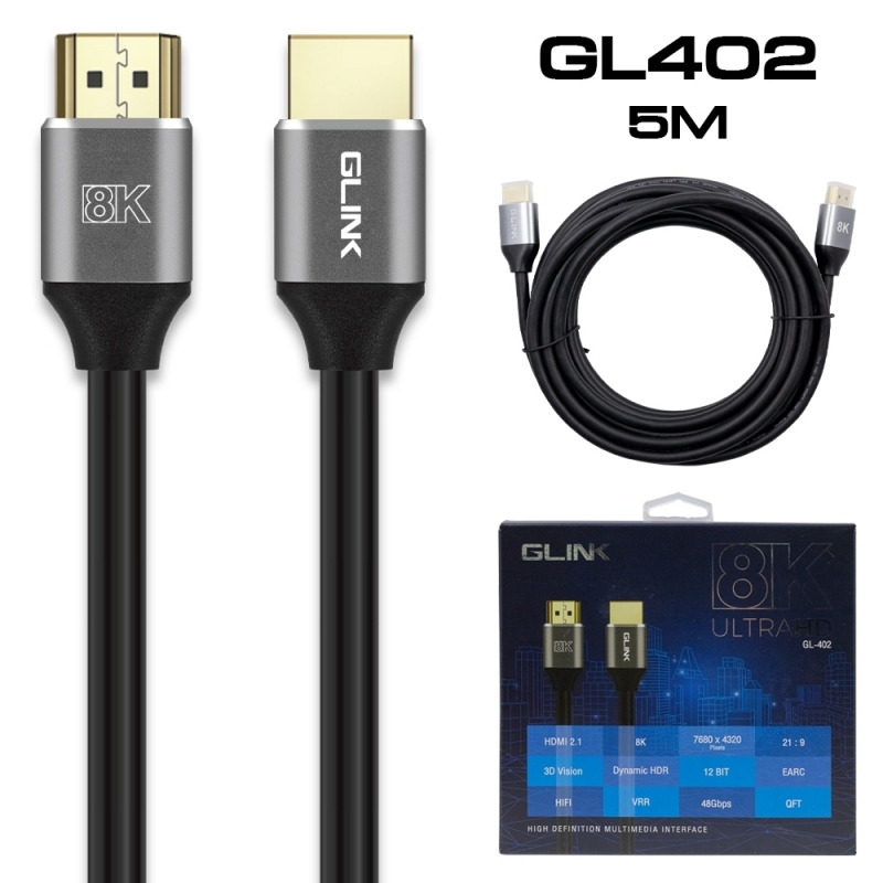 Cable HDMI 8K M/M (2M) V.2.1 'GLINK' GL402 สายสัญญาณ เวอร์ชั่น 2.1 ยาว 5เมตร สายกลม ขั้วต่อชุปทอง 24K รองรับ 8K